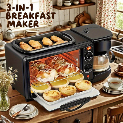 3-in-1 Breakfast Station Maker - Coffee Maker + Toaster + Frying Pan Combo, One-Touch Timing Fast Cooking