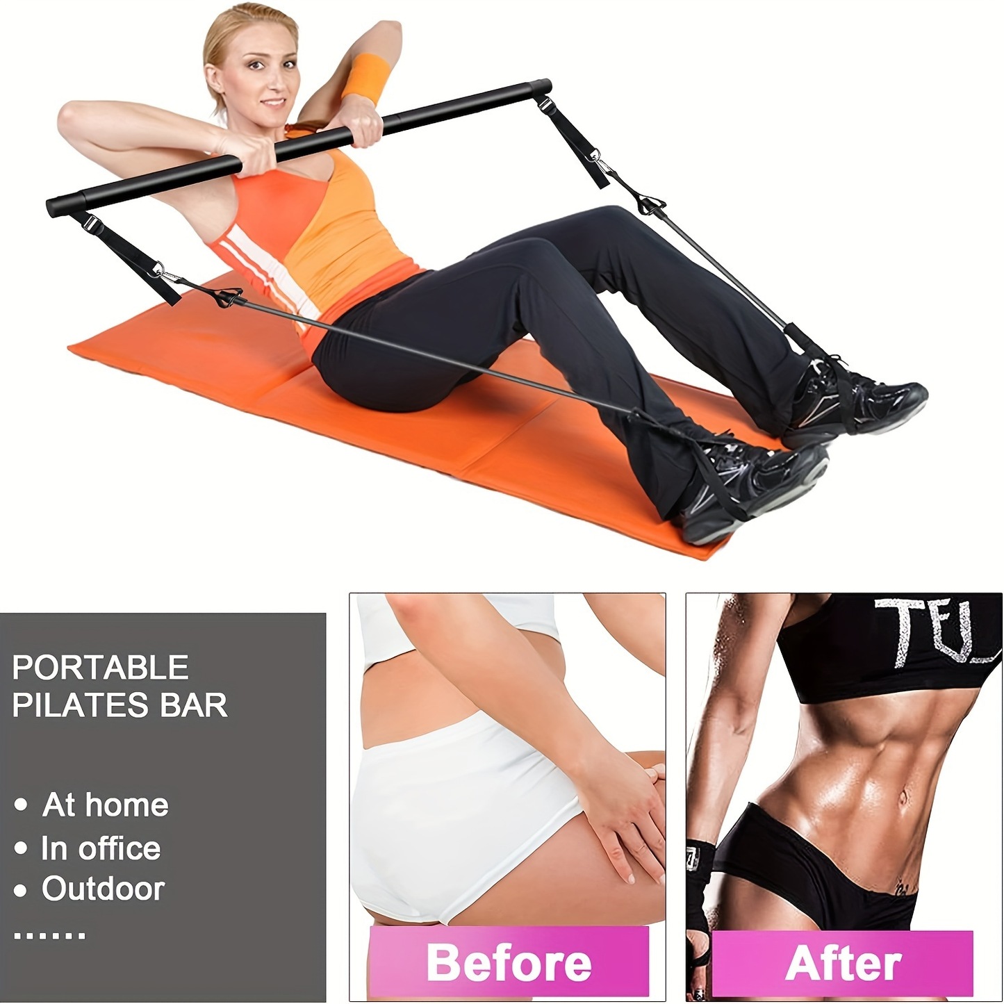 3-Section Pilates Bar Kit – 4 TPE Resistance Bands (40-50 lbs), 2 Ankle Straps & Storage Bag for Legs, Hips