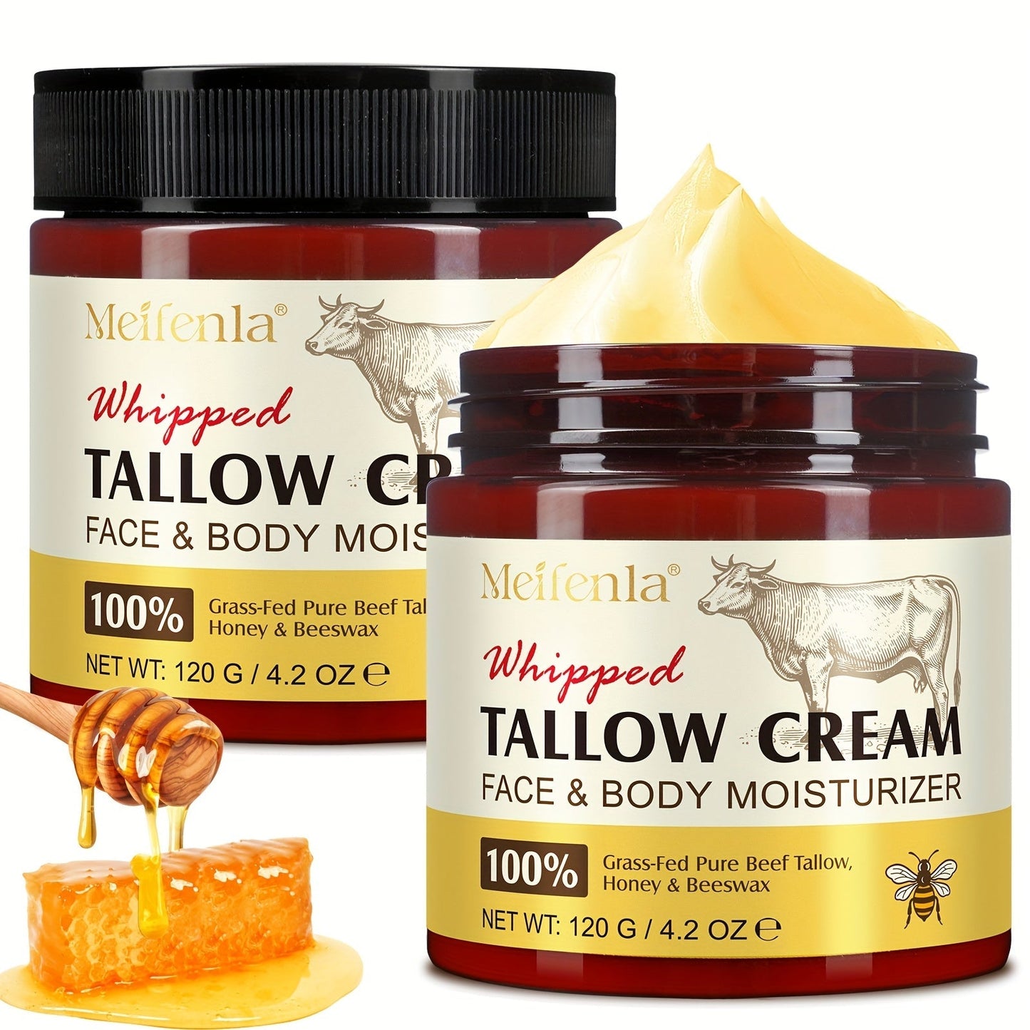 Whipped Tallow Cream 120g Grass-Fed Beef Tallow Honey Beeswax Face Body Hand Cream All Skin for Entryways, Bedrooms and Living Spaces
