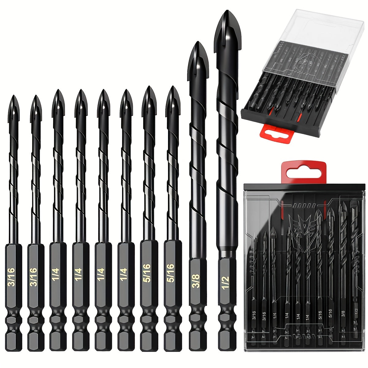 Masonry Drill Bits Set 10pcs, Tungsten Carbide Tip Drill Bits for Tile, Brick, Glass, Ceramic, Concrete