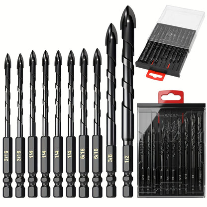 Masonry Drill Bits Set 10pcs, Tungsten Carbide Tip Drill Bits for Tile, Brick, Glass, Ceramic, Concrete