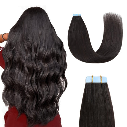 Tape In Hair Extensions Human Hair Straight Natural Black 1B Seamless Skin Weft 10pcs 30g 16 20 22 24 Inch Invisible Blend for Volume