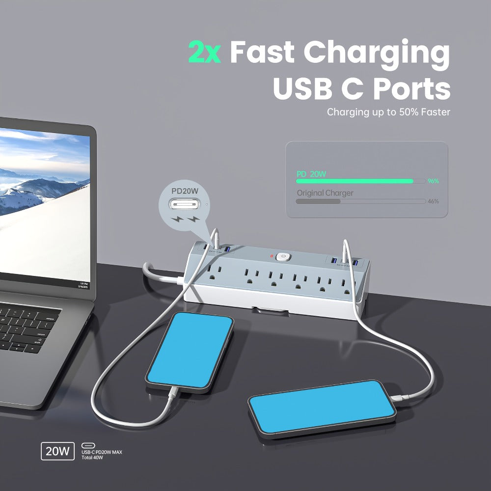 Power Strip Desk Clamp 12-in-1 with 6 AC Outlets, 4 USB-A, Dual PD 20W USB-C and 1800J Surge Rating