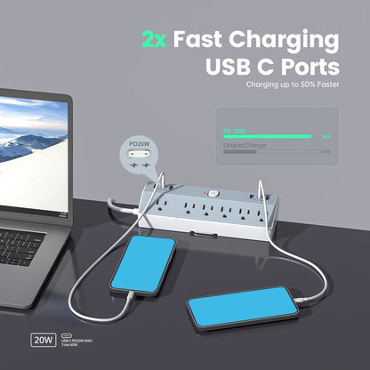 Power Strip Desk Clamp 12-in-1 with 6 AC Outlets, 4 USB-A, Dual PD 20W USB-C and 1800J Surge Rating