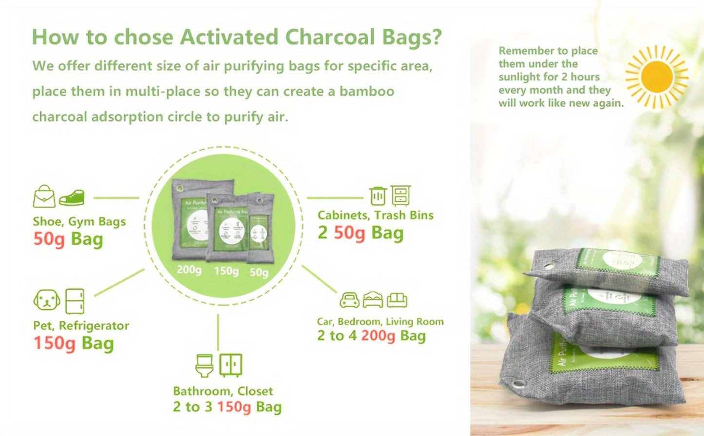 Bamboo Charcoal Air Purifying Bags Odor Absorber & Moisture Absorber Natural Activated for Entryways, Bedrooms and Living Spaces