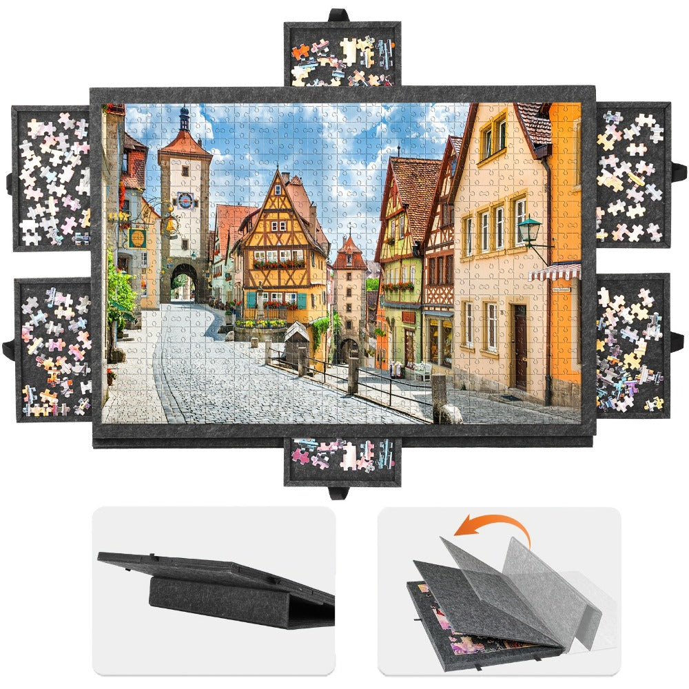 Jigsaw Puzzle Board with Felt Mat & 6 Sorting Drawers – Foldable Roll-Up Puzzle Saver Fits Up to 1000 Pieces | Portable Puzzle Storage