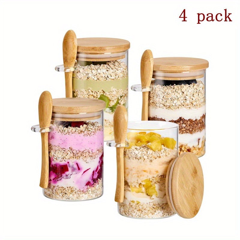 Overnight Oats Jars with Bamboo Lids & Spoons, 500ml Glass Meal Prep Containers, Dessert Bowl Set for Chia Pudding