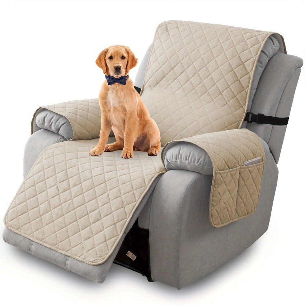 One-Piece Quilted Recliner Chair Cover with Wide Arm Wings, Back Strap and Eight Color Options