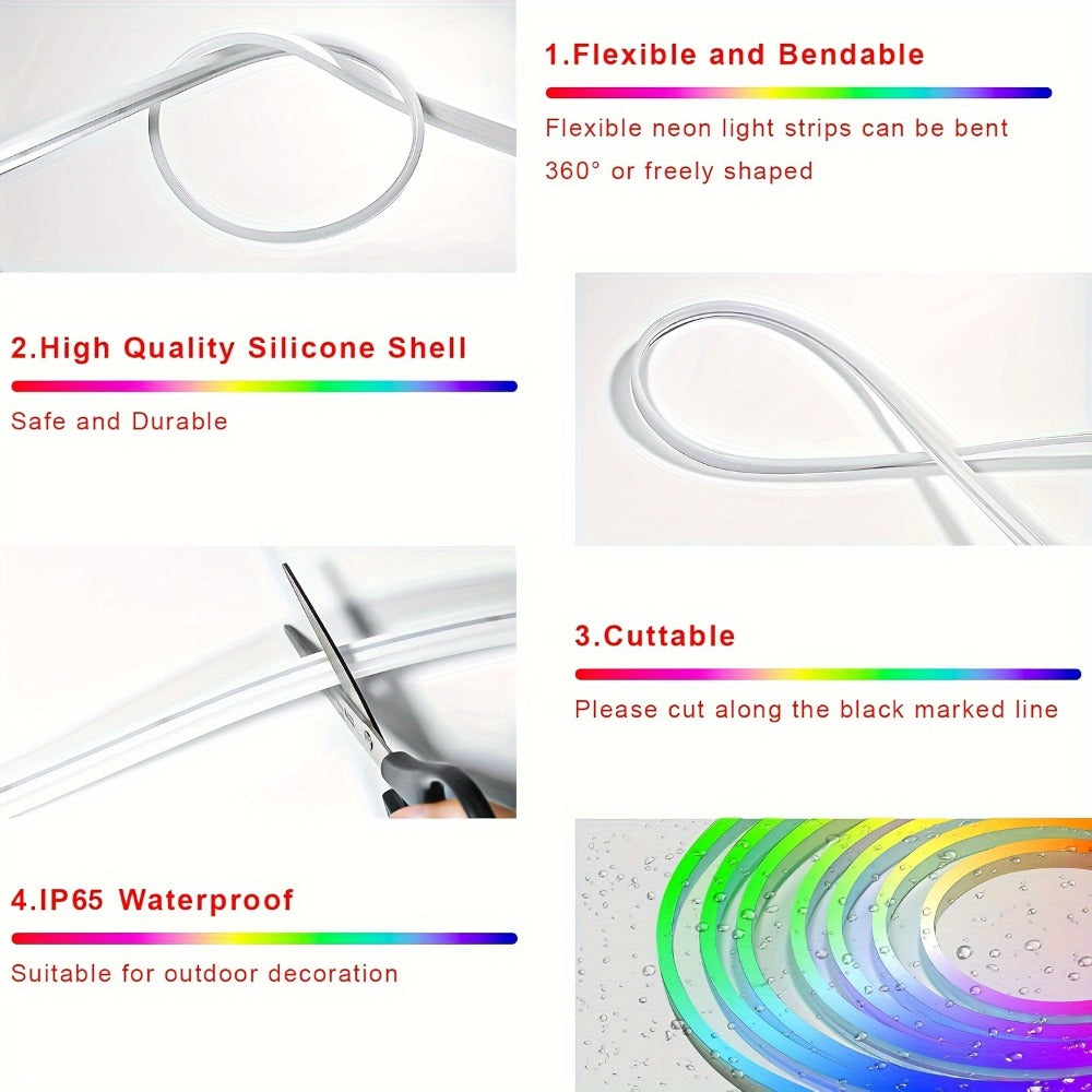 LED Strip Light RGBIC Neon Rope in 2m, 3m or 5m with USB Power, App and IR Remote, Music Sync and IP65 Label