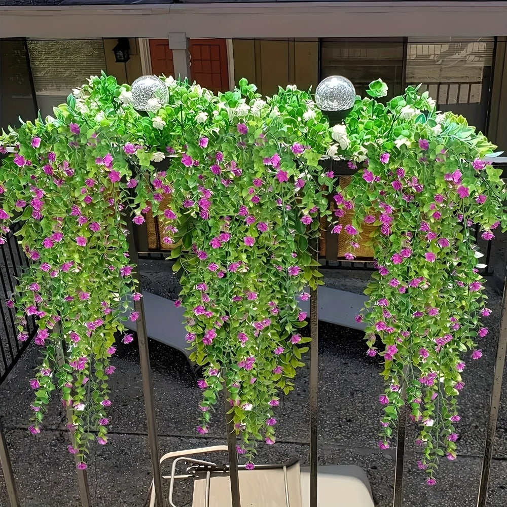 Hanging Artificial Flower Vines, 10-Bunch 30-Inch Set with White or Purple Flowers and Green Leaves