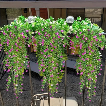 Hanging Artificial Flower Vines, 10-Bunch 30-Inch Set with White or Purple Flowers and Green Leaves