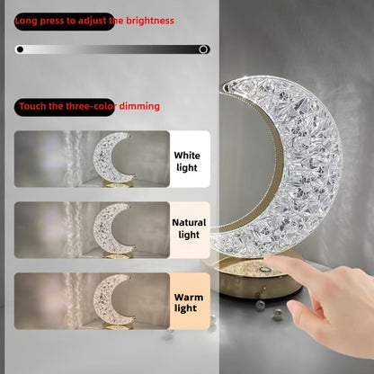Crystal Touch Table Lamp Rechargeable, Moon & Star Dimmable LED Night Light with 3-Color Modes for Bedroom