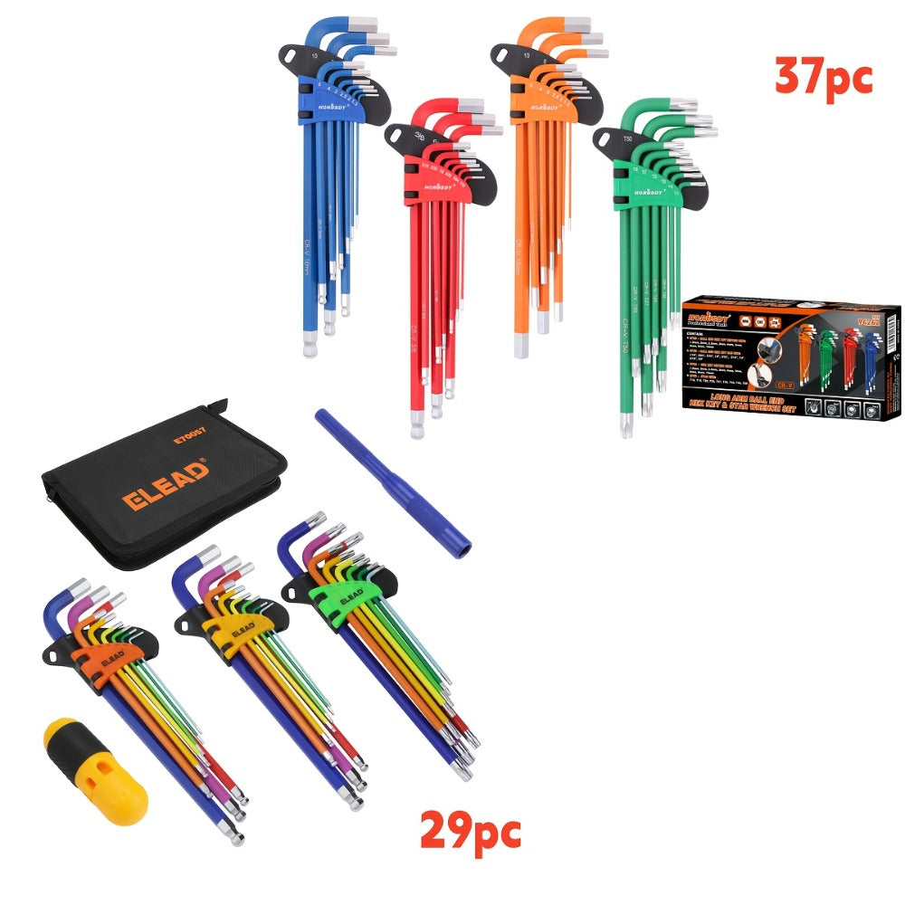 Allen Wrench Set Ball End Hex Key – SAE & Metric Color-Coded with T-Handle & Torx Keys Chrome Vanadium Steel for Bicycle Repair Auto DIY