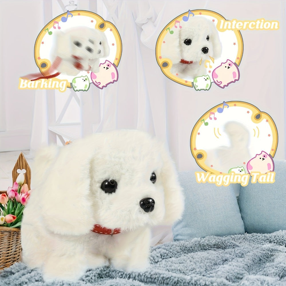 White Realistic Robot Dog Toy, Interactive Walking, Barking & Tail Wagging, Expressive Eyes, Plush Biomimetic Pet