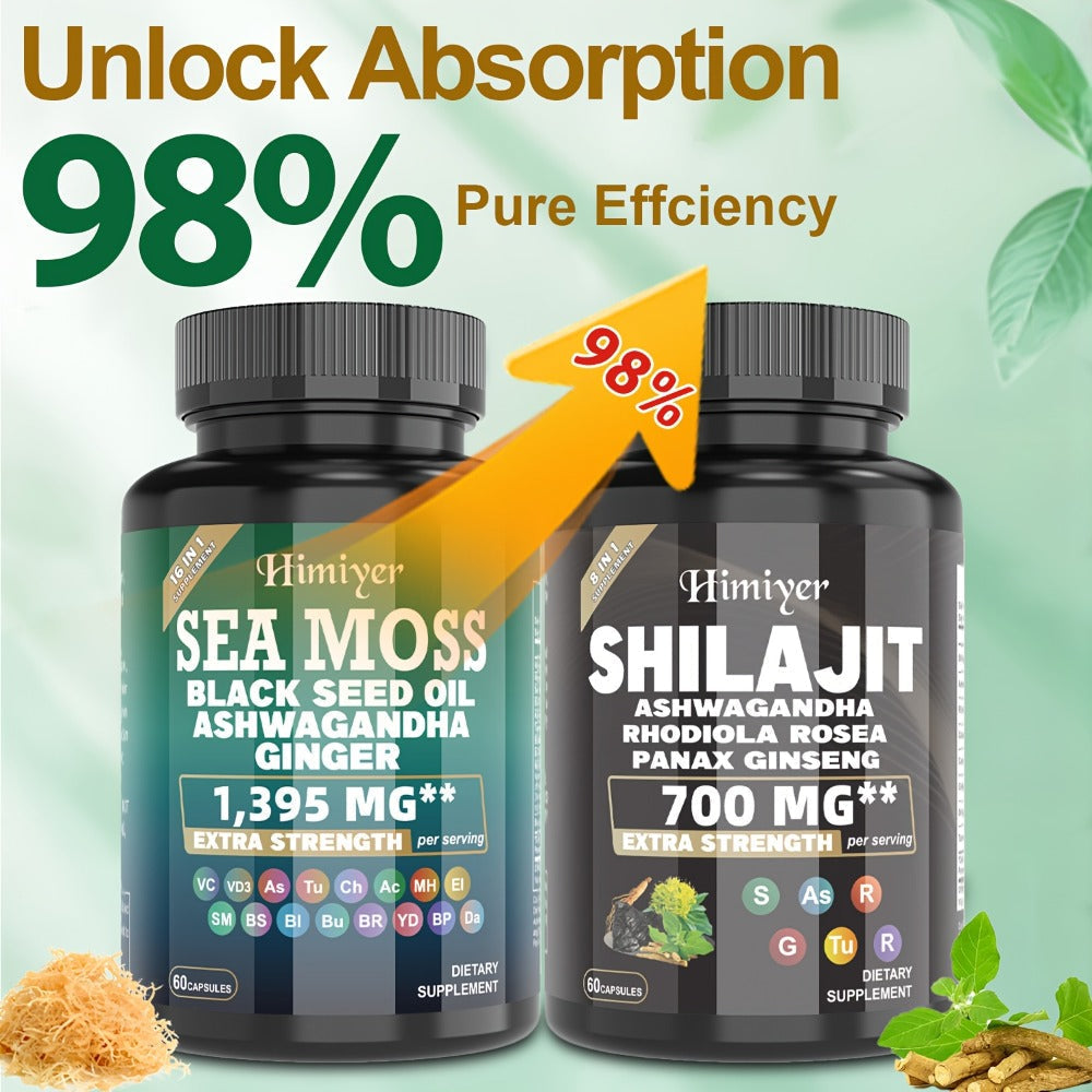 Dietary Supplement Sea Moss and Shilajit Capsule Bundle with Two- or Six-Piece available options