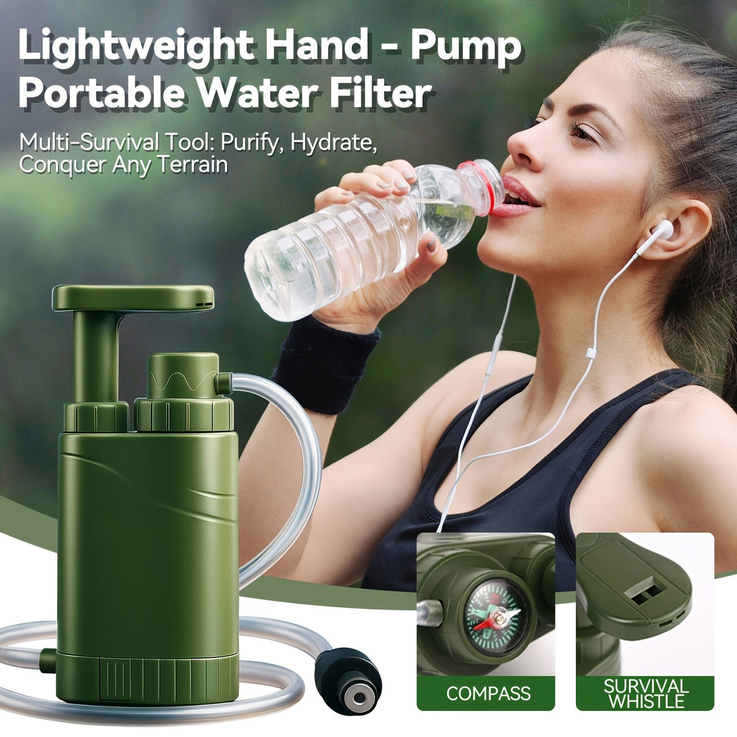 Portable Hand-Pump Water Filter Kit with Green Pump, Clear Hose, Filter Cartridge, Bag and Pictured Accessories