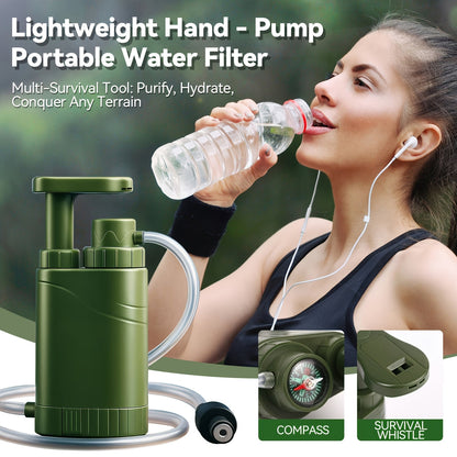 Portable Hand-Pump Water Filter Kit with Green Pump, Clear Hose, Filter Cartridge, Bag and Pictured Accessories