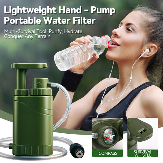 Portable Hand-Pump Water Filter Kit with Green Pump, Clear Hose, Filter Cartridge, Bag and Pictured Accessories