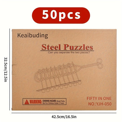 Metal Brain Teaser Puzzle Set 50 Pack, Golden Unlock Iron Chain Link Toys, Nine Rings Kongming Lock