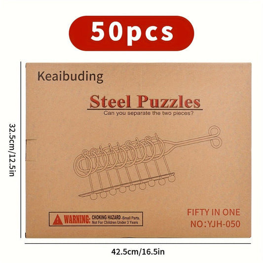Metal Brain Teaser Puzzle Set 50 Pack, Golden Unlock Iron Chain Link Toys, Nine Rings Kongming Lock