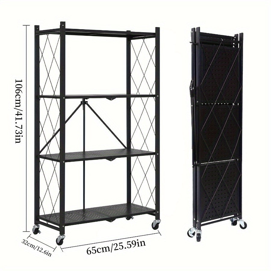 Rolling Foldable Metal Storage Shelf with Three-, Four- or Five-Tier Options in Black or White