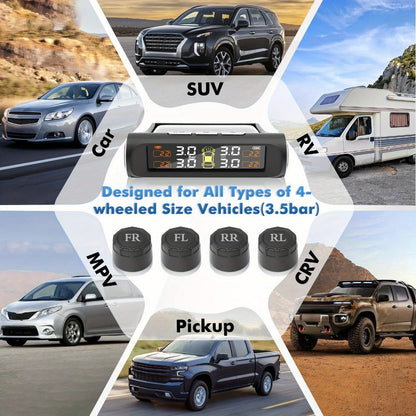Solar TPMS Tire Pressure Monitoring System – Solar & USB Charging, 5 Alarm Modes, Color Display for 4-Wheel Vehicles