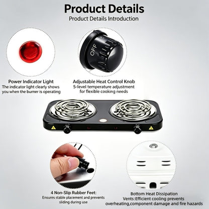 Portable Electric Stove Tabletop Double Burner, Adjustable Rotary Temperature Control, Compact Electric Charcoal Heater for Home