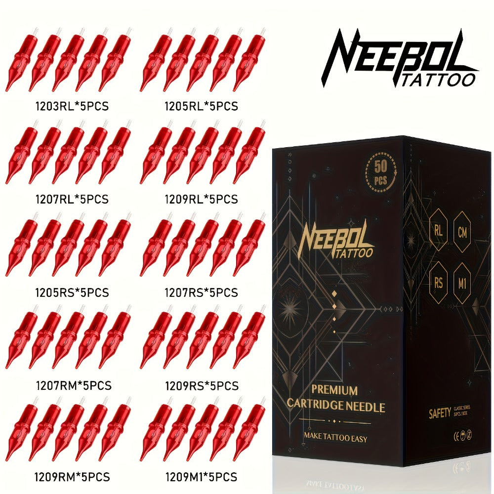 Assorted Tattoo Cartridge Needles Set 20/50pcs - Round Liner Shader Curved Mag Mixed Pack, #10 Bugpin #12 Standard