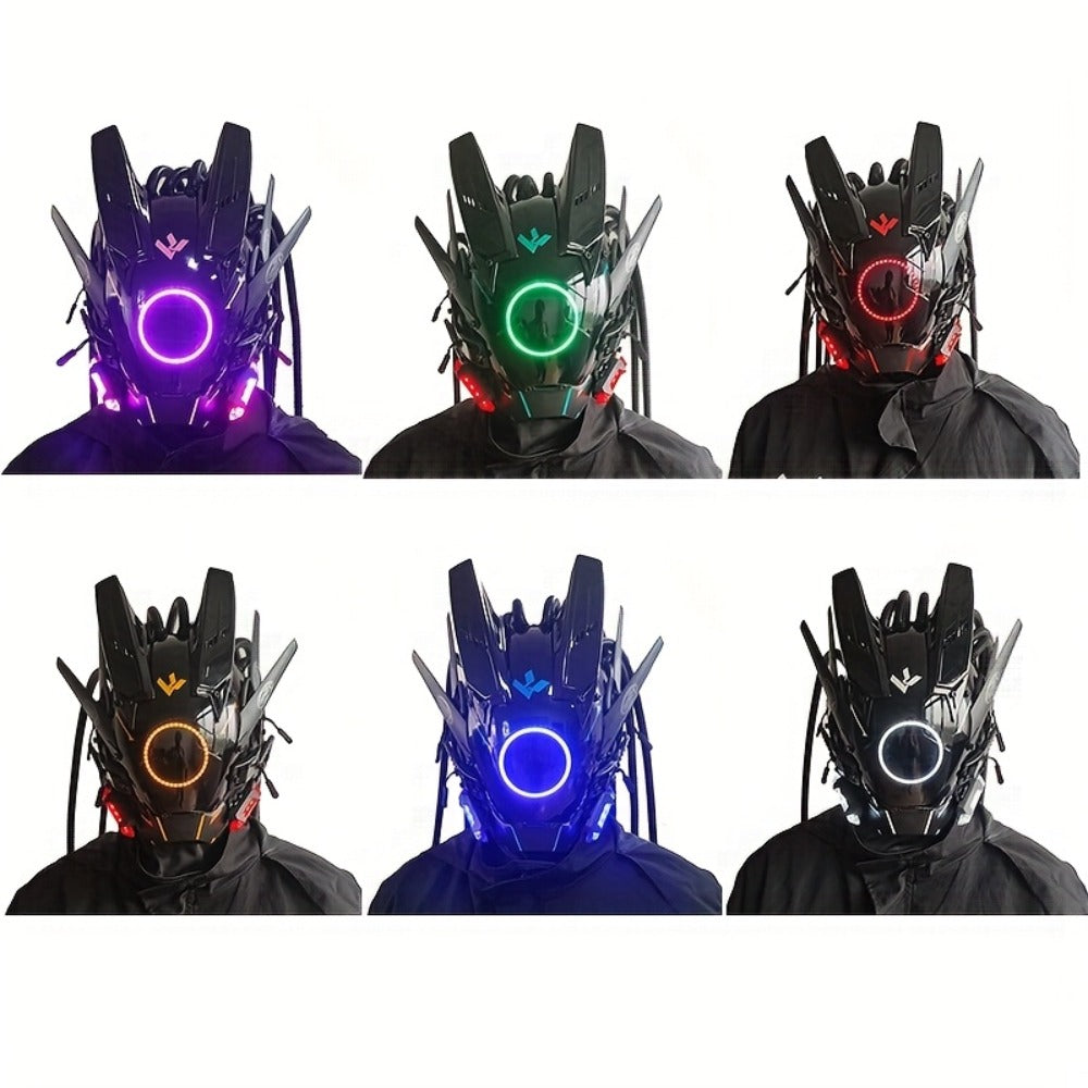 LED Cyberpunk Samurai Mask with Braids, Futuristic Sci-Fi Mechanical Face Mask for Halloween, Cosplay