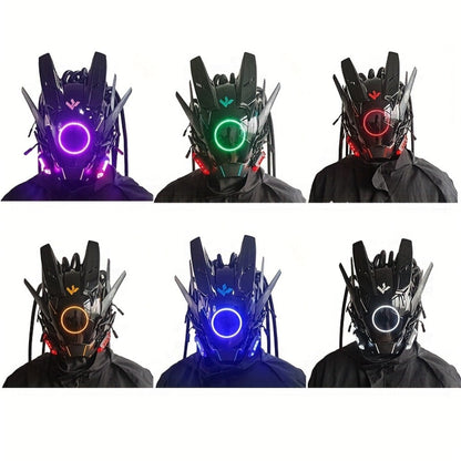 LED Cyberpunk Samurai Mask with Braids, Futuristic Sci-Fi Mechanical Face Mask for Halloween, Cosplay