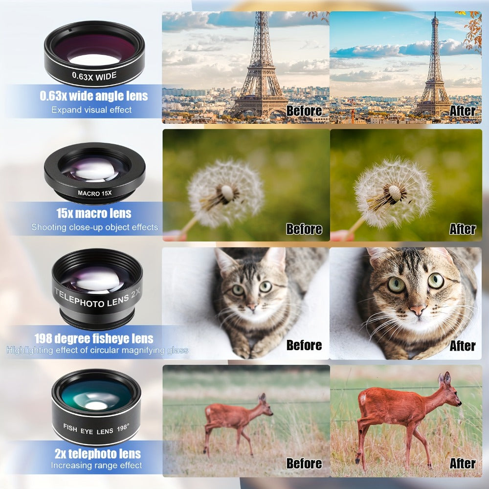 16-in-1 Phone Camera Lens Kit – Fisheye, Wide Angle, Macro, Kaleidoscope & CPL Clip-On Lenses + Selfie Light