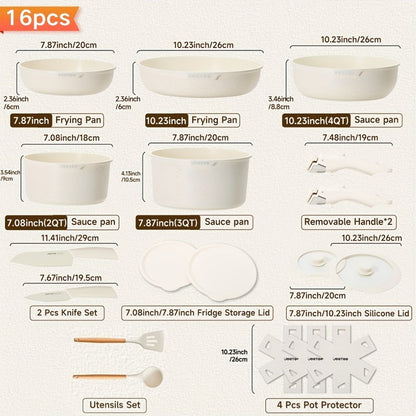 Cookware Set A Dinnerware 16- or 26-Piece Detachable-Handle Pots and Pans in Black or Beige for Compact Storage