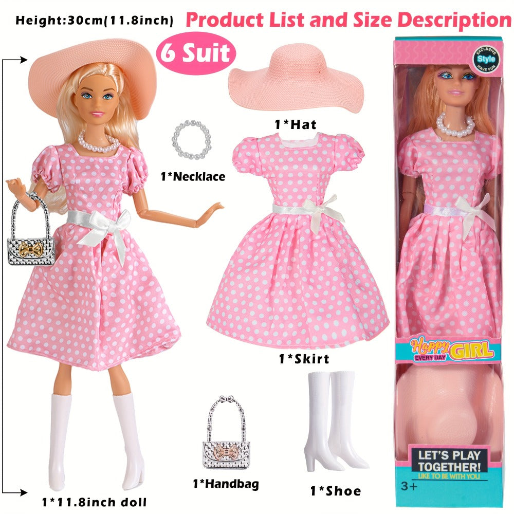 Six-Piece 11.5-Inch Fashion Doll Set with Mixed Outfits, Handbags, Hats, Necklaces and Suitcase Accessories
