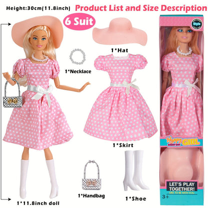 Six-Piece 11.5-Inch Fashion Doll Set with Mixed Outfits, Handbags, Hats, Necklaces and Suitcase Accessories