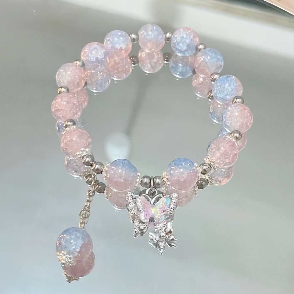 Press On Nails 96-Piece Long Ballerina Blue Gradient 3D Flower Butterfly Set with Four Bracelets