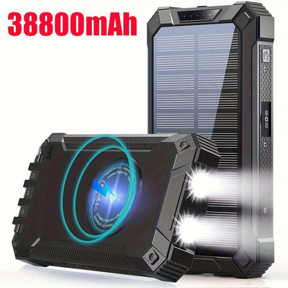 Solar Power Bank, 32800mAh or 38800mAh Wireless Charger with Up to Six Outputs, Dual Lights and Cable Options