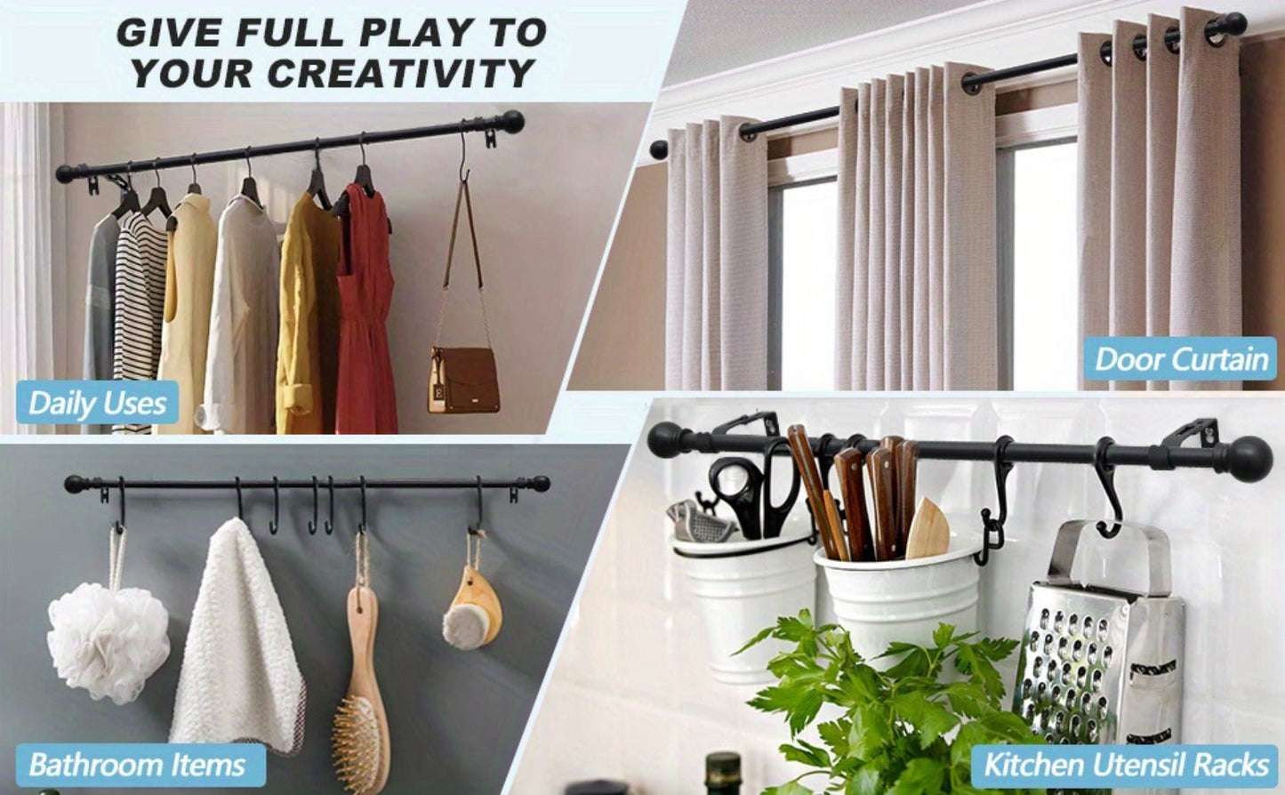 Two-Pack Matte Black Curtain Rod Set with 5/8 Inch Tube and 28–52 to 28–95 Inch Size Options