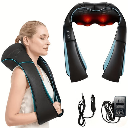 Black Shiatsu Neck and Shoulder Massage Pillow with Heat, 8 Kneading Rollers, 15-Minute Auto-Off and Home or Car Power