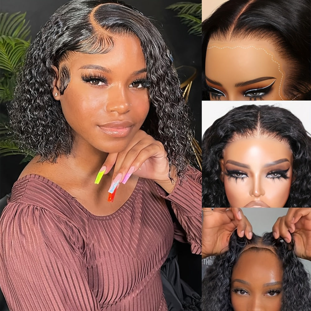 Glueless Bob Wig Human Hair 13x4 Pre Cut Lace 200% Density Wear and Go Deep Wave Body Wave Pre, for Home, Travel and Salon Hair Styling