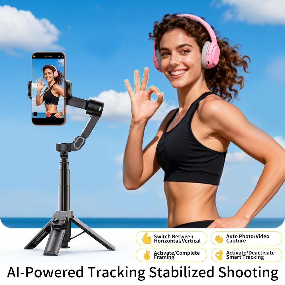 AOCHUAN Foldable 3-Axis Gimbal Stabilizer with Extendable Pole & Panoramic Gesture Control, AI Face Tracking Phone Gimbal