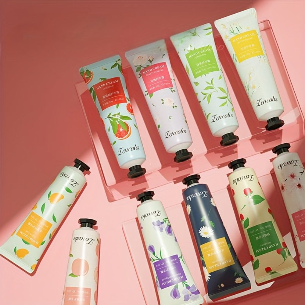 Ten-Piece Hand Cream Gift Box with Botanical and Fruit-Print Travel Tubes in Coordinated Assortment