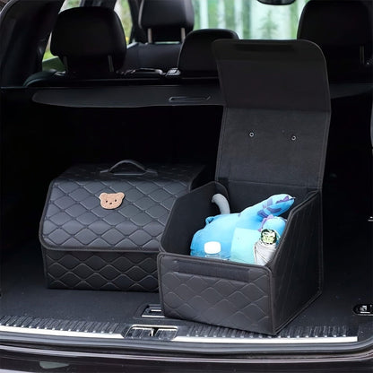 Car Trunk Organizer, Foldable Faux Leather Bow-Detail Box in 30L or 35L Size with Pink and Black Options