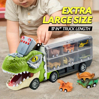 Dinosaur Truck Toy Set 13 PCS, Transport Carrier Truck with Lights & Sounds + 8 Pull-Back Cars + 3 Die-Cast Dino Vehicles + Helicopter