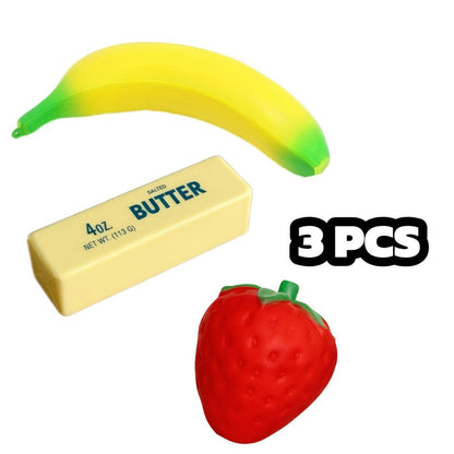 Squishy Food Toy Set 3pcs Slow Rising PU, Pretend Play Simulation Food Butter Banana Strawberry, Sensory Squeeze Stress Toy