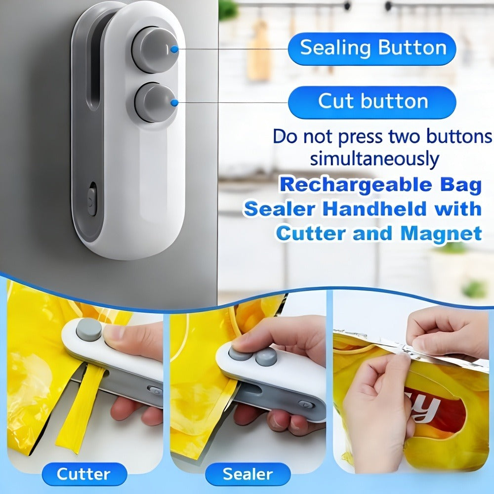 Mini Bag Sealer Two-Pack in White with USB-C Charging, Heat-Seal Button, Cutter and Magnetic Back