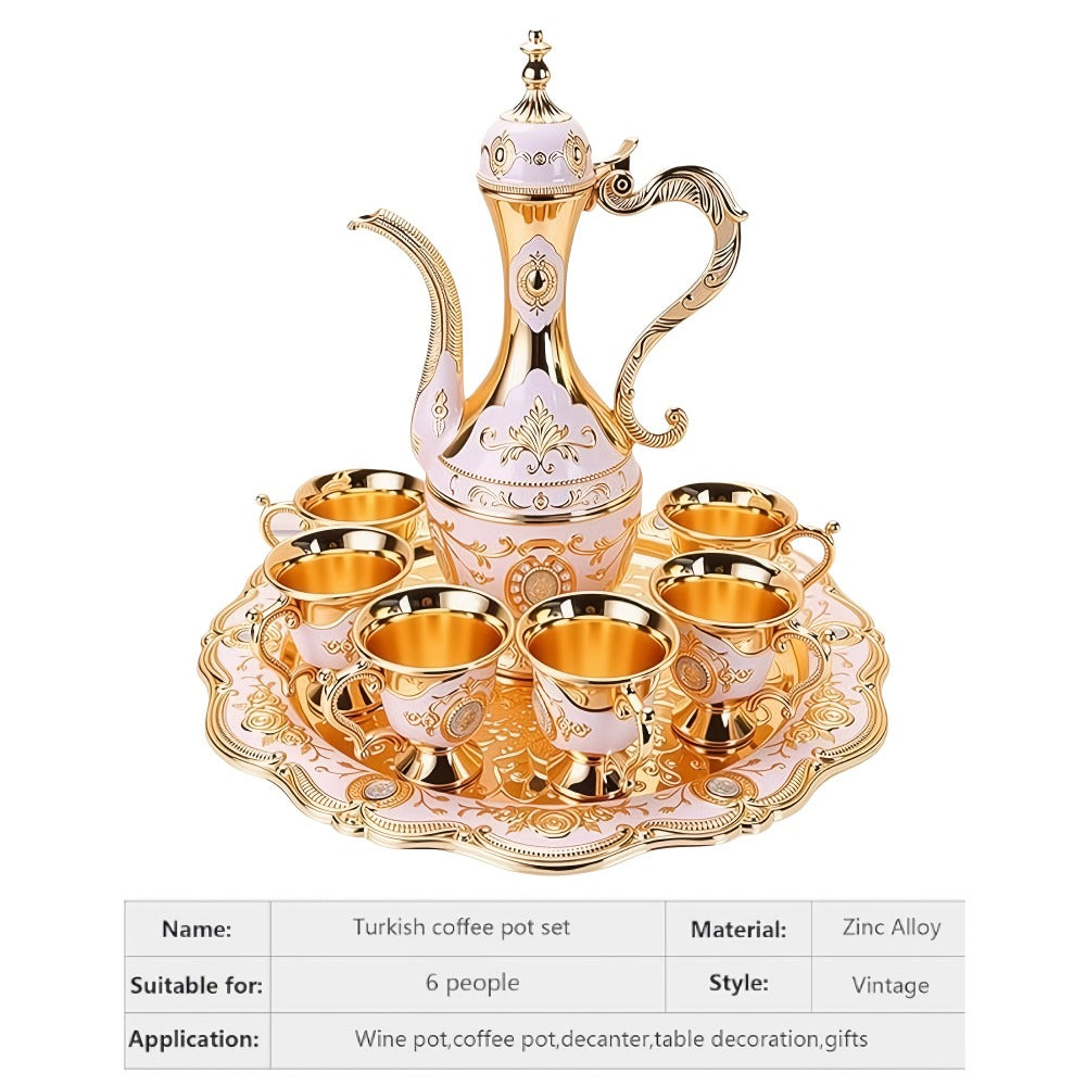 Vintage Turkish Coffee Tea Set – Zinc Alloy Teapot, 6 Cups & Tray | European Style Luxury Gift Set for Tea, Coffee & Cappuccino