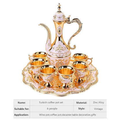 Vintage Turkish Coffee Tea Set – Zinc Alloy Teapot, 6 Cups & Tray | European Style Luxury Gift Set for Tea, Coffee & Cappuccino