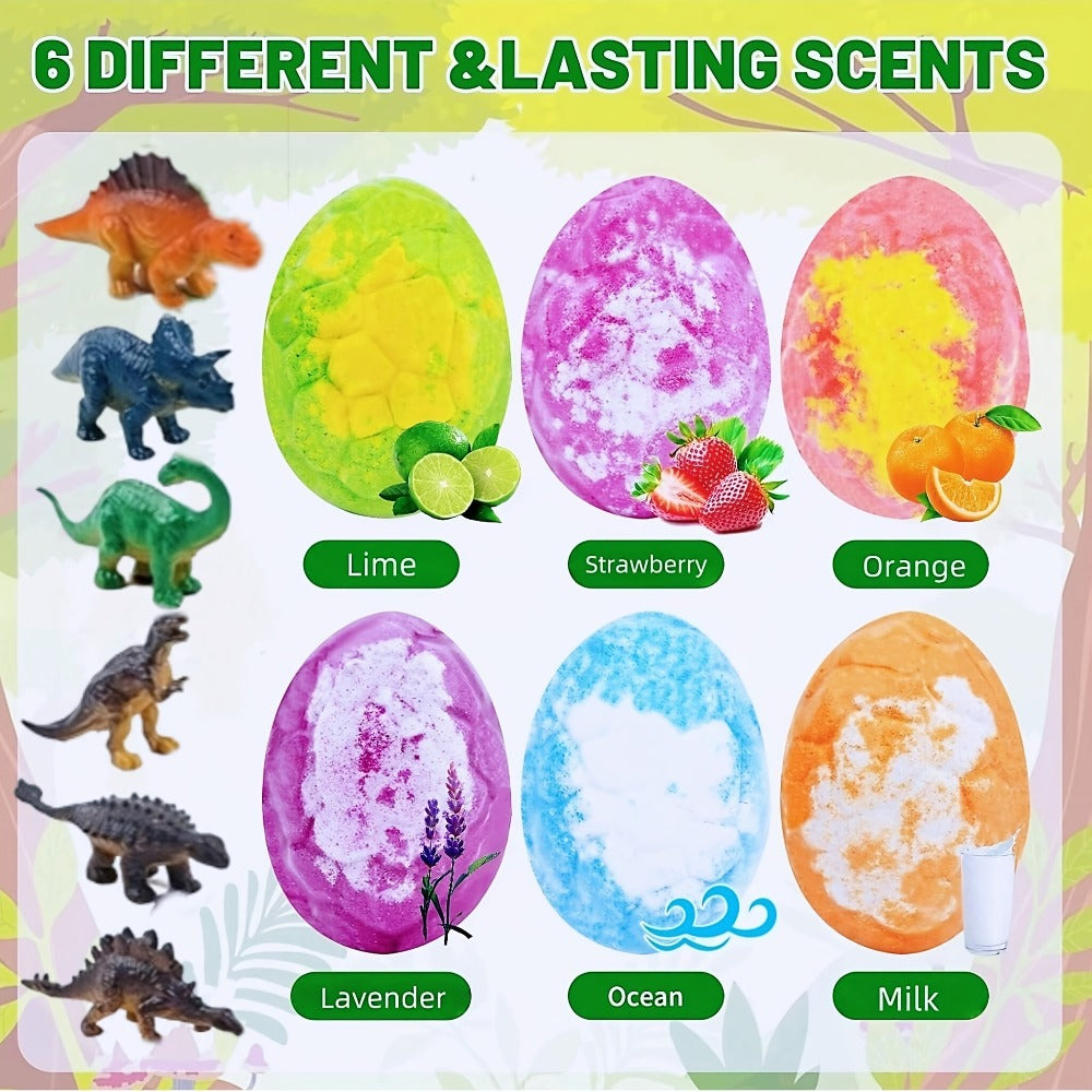 Bath Bombs, 6-Piece Dinosaur Surprise Set with Colorful Round Fizzers, Hidden Dinosaur Toys and Gift Box