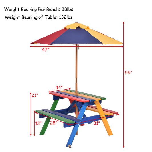 Kids Picnic Table Set with Umbrella Wood Table Bench Set for Toddlers Seats with the Listed Color, Size or Set Options for Everyday Use