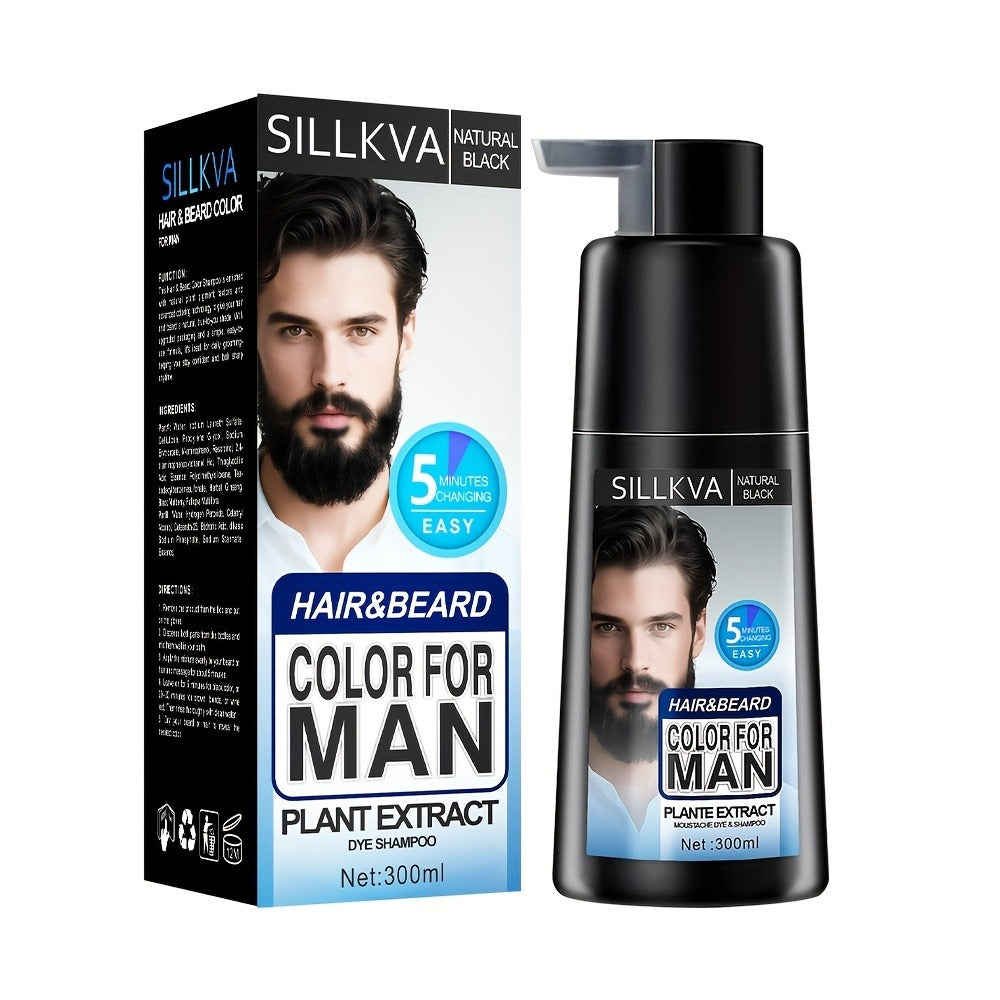 Men's 3-in-1 Black Hair & Beard Dye Shampoo, 8-Minute Gray Coverage, Ammonia-Free Natural Color